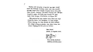 Surat pernyataan Ferdy Sambo tertanggal 30-08-2022.