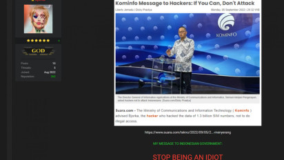 Menohok! Ini Balasan Hacker Bjorka Tanggapi Pesan Kominfo Untuk Tidak Menyerang Data Penduduk: Stop Being An Idiot