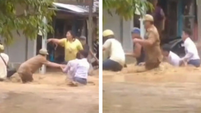Viral Video Sejumlah Warga Selamatkan Seorang Lurah yang Nyaris Hanyut Terseret Arus Banjir di Banyuwangi