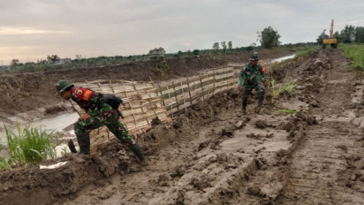 Antisipasi Genangan Air saat Hujan, Prajurit TNI Percepat Perbaikan Tanggul Jebol di Dua Dusun di Gresik
