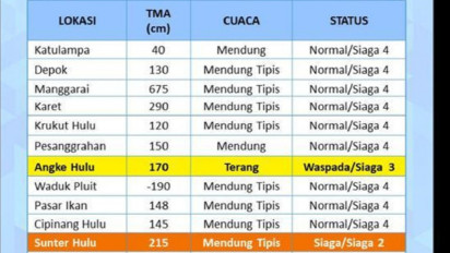Tinggi Muka Air Sunter Hulu Capai 215 cm, BPBD DKI Jakarta Tetapkan Status Siaga 2
