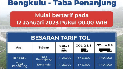 Tarif Tol Bengkulu Diberlakukan, Ini Rincian Tarifnya