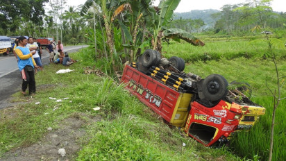 Akibat Hilang Kendali, Dump Truk Tanpa Muatan Terguling ke Sawah
