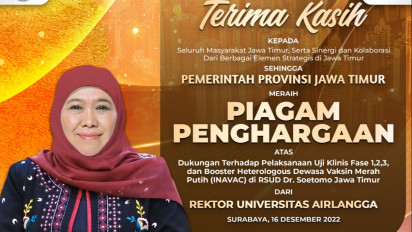 Pemprov Jatim Raih Penghargaan Rektor Unair atas Dukungan Pelaksanaan Uji Klinis Vaksin Merah Putih (INAVAC)