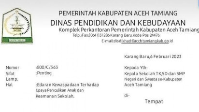 Marak Pemberitaan Penculikan terhadap Anak, Disdik Aceh Tamiang Keluarkan Surat Edaran