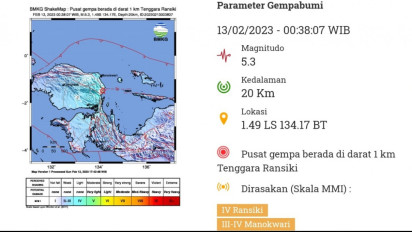 BMKG: Gempa Bumi Magnitudo 5,3 Guncang Wilayah Ransiki Papua Barat Tidak Berpotensi Tsunami