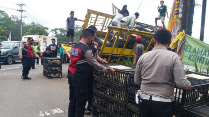 Diduga Rem Blong, Truk Muat Ayam Terguling di Jalan Lingkar Salatiga