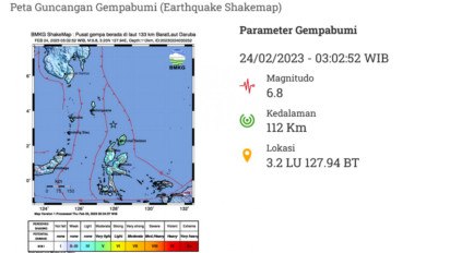 BMKG: Gempa Bumi Magnitudo 6,8 Guncang 133 KM Barat Laut Daruba Maluku Utara