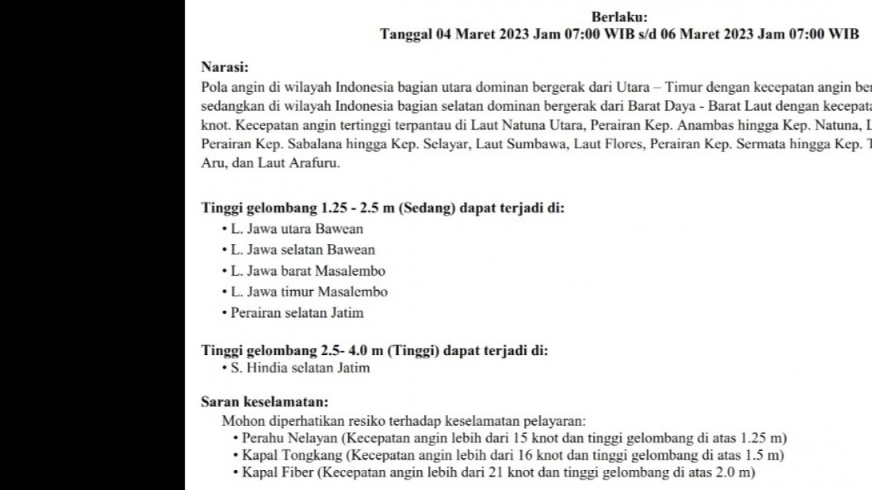 Waspada, Cuaca Ekstrem Tanggal 4-6 Maret 2023, BMKG Juanda Warning Gelombang Tinggi, Ini Wilayahnya
            - galeri foto