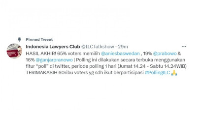 Hasil Polling ILC: Jika Pilpres Dilakukan Hari Ini, 65 Persen Pilih Anies Baswedan
