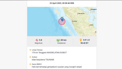 BMKG: Gempa Magnitudo 5,9 Guncang 170 Km Nias Selatan Sumatera Utara, Tidak Berpotensi Tsunami