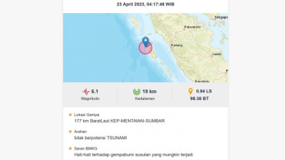 Gempa Bumi Magnitudo 6,1 Guncang Mantawai Kedalaman 19 KM, BMKG: Tidak Berpotensi Tsunami