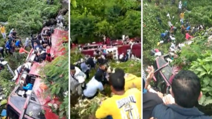 Ditinggal Sopir Ngopi dalam Kondisi Mesin Menyala, Bis yang Berisi Penumpang Terguling ke Sungai