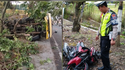 Tidak Kuat Menanjak, Truk Muatan Bata Merah Terguling Masuk Parit dan Timpa Sepeda Motor