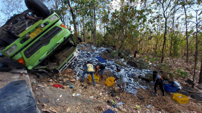 Truk Muat Ikan 18 Ton Terbalik di Jalur Hutan Pantura, Ratusan Ikan Tumpah di Jalan