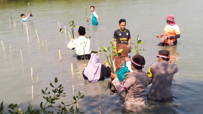Selamatkan Bumi dari Pemanasan Global, Polisi di Gresik Aksi Serentak Tanam Pohon Mangga hingga Mangrove