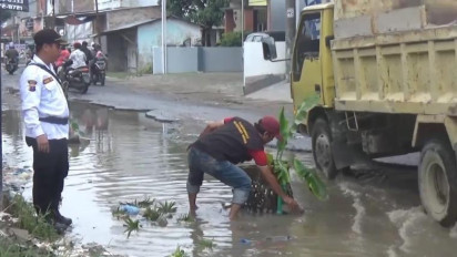 Protes Jalan Rusak Kota Medan dan Deli Serdang yang Tak Kunjung Diperbaiki, Warga Kelambir 5 Tanam Pohon Pisang