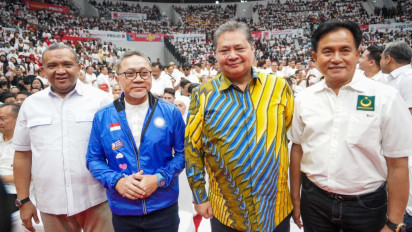 Airlangga Bersama Ketum Parpol KIM Hadiri Rakernas Projo