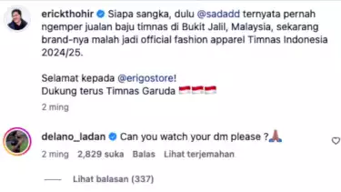 Tangkapan layar komentar Delano Ladan ke Erick Thohir di Instagram