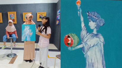 Mimpikan Kebebasan Palestina, Seniman Cilik di Gresik Lukis Patung Liberty Pegang Buah Semangka