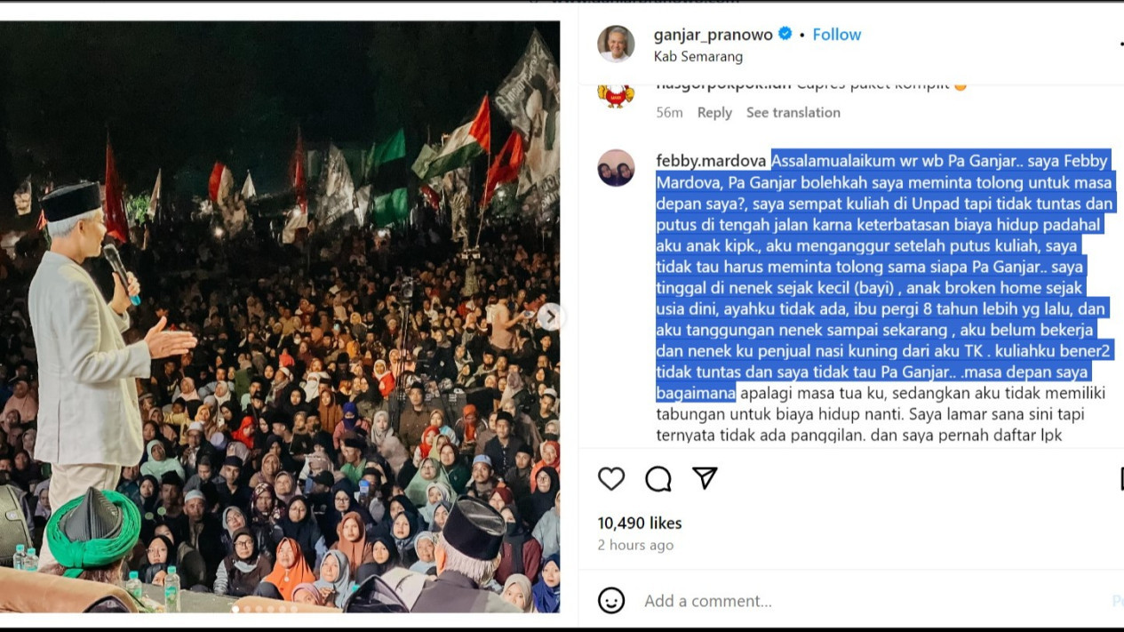 Febby Mardova Minta Tolong ke Ganjar Untuk Masa Depannya, Netizen: Minta Tolong Apa Ngerampok?
            - galeri foto