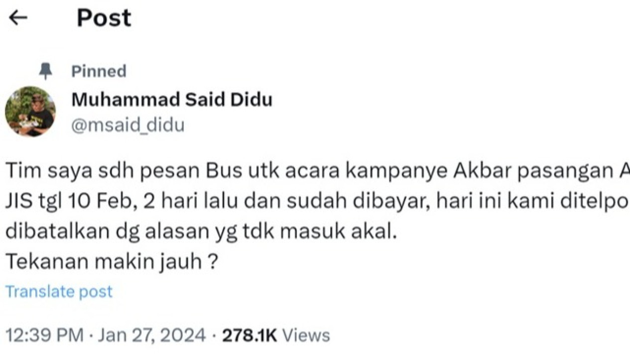 Pesanan Bus Kampanye AMIN Tiba-Tiba Dibatalkan Padahal Sudah Booking dan Bayar dari Jauh-Jauh Hari, Said Didu: Tekanan Makin Jauh?
            - galeri foto
