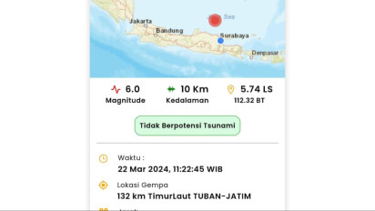 Gempa Magnitudo 6,0 Berpusat di Timur Laut Tuban, Tidak Berpotensi Tsunami