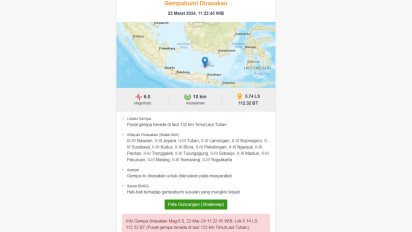 Gempa Bumi Magnitudo 6 di Tuban Terasa hingga ke Jawa Tengah