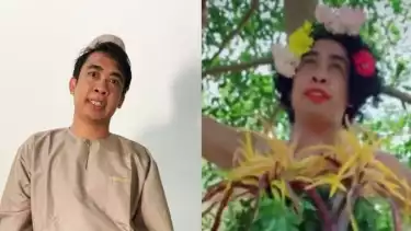 Mimi Peri saat menggunakan baju koko (kiri) dan memakai pakaian dari daun (kanan). Sumber: Instagram