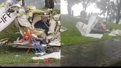 Pesawat Ringan Jatuh Hancur Berkeping-keping di BSD, Satu Orang Tampak Tergeletak di Samping Puing