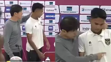 Momen Marselino Ferdinan dijewer oleh Shin Tae-yong di konferens pers Piala Asia U-23 2024.