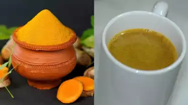 Ilustrasi kunyit atau turmeric (kiri) dan teh kunyit (kanan)