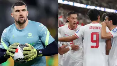 Kapten Timnas Australia, Mathew Ryan dan para pemain Timnas Indonesia.