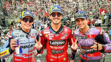 Francesco Bagnaia, Jorge Martin dan Marc Marquez saat raih podium di MotoGP Jepang 2024