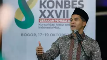 Ketum Kadin Anindya Bakrie saat menjadi keynote speaker dalam acara Konferensi Besar XXVII GP Ansor di Kawasan Sentul City, Bogor, Jawa Barat, Jumat (18/10/2024) malam.
