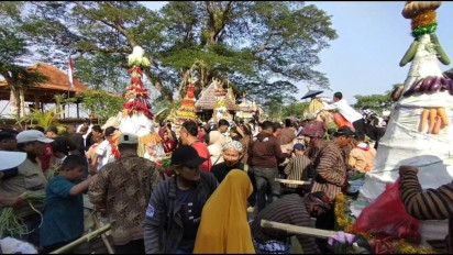 Ratusan Warga di Gresik Selatan Rela Berdesak desakan Demi Berebut Gunungan Hasil Pertanian