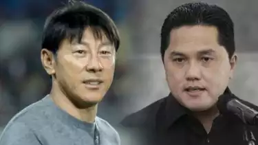 Pelatih Timnas Indonesia, Shin Tae-yong dan Ketua Umum PSSI, Erick Thohir.