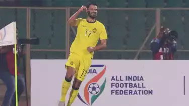 Paulo Josue rayakan gol Malaysia ke gawang India