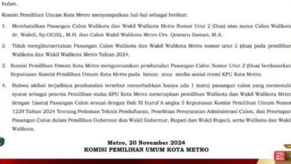 KPU Kota Metro Lampung Batalkan Pencalonan Paslon Nomor 2 Wahdi-Qomaru Sebab Terbukti Langgar Tindak Pidana Pemilihan