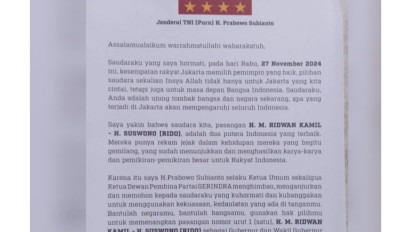 Beredar Surat Prabowo Ajak Masyarakat Pilih Ridwan Kamil-Suswono, Begini Kata Gerindra