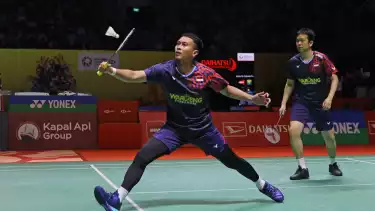 Pasangan Mohammad Ahsan/Hendra Setiawan di Indonesia Masters 2025.