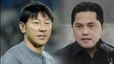 Kolase foto mantan pelatih timnas Indonesia, Shin Tae-yong dan Ketua Umum PSSI Erick Thohir.