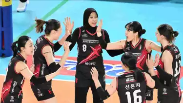 Megawati Hangestri bersama Red Sparks saat mengalahkan Hyundai Hillstate.