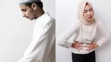 Ilustrasi shalat yang khusyuk (kiri) & Menahan lapar puasa Ramadhan (kanan)