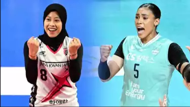 Megawati Hangestri vs Gyselle Silva dalam pertandingan Red Sparks melawan GS Caltex.