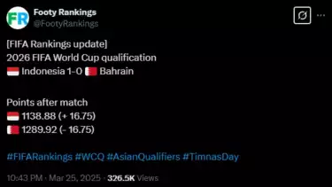 Ranking FIFA Timnas Indonesia melejit naik usai mengalahkan Bahrain dengan skor 1-0