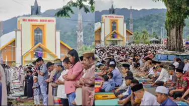 Umat Islam shalat Idul Fitri di pelataran GKI Imanuel Serui Kota, Papua