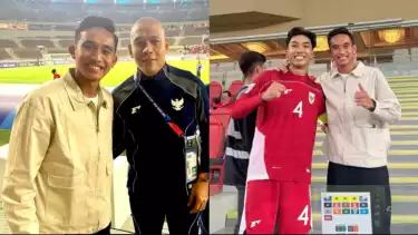 Rizky Ridho berpose bersama Nova Arianto dan I Putu Panji Apriawan usai laga Timnas Indonesia U-17 Vs Yaman U-17