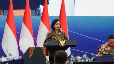 Menteri Keuangan Sri Mulyani dalam Sarasehan Ekonomi di Menara Mandiri, Jakarta Pusat, Selasa (8/4/2025).