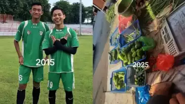 Foto kiri: Rizky Ridho masih kecil bersama temannya, foto kanan: Rekannya jualan sayur